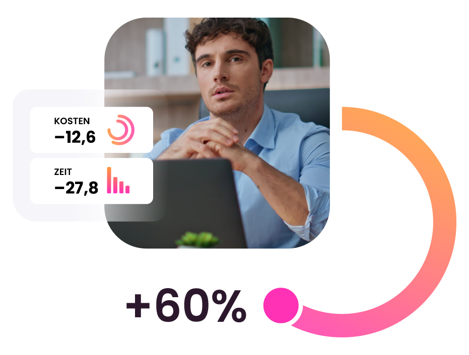 Business Mann mit Laptop - davor Infografiken für Zeit und Kosten