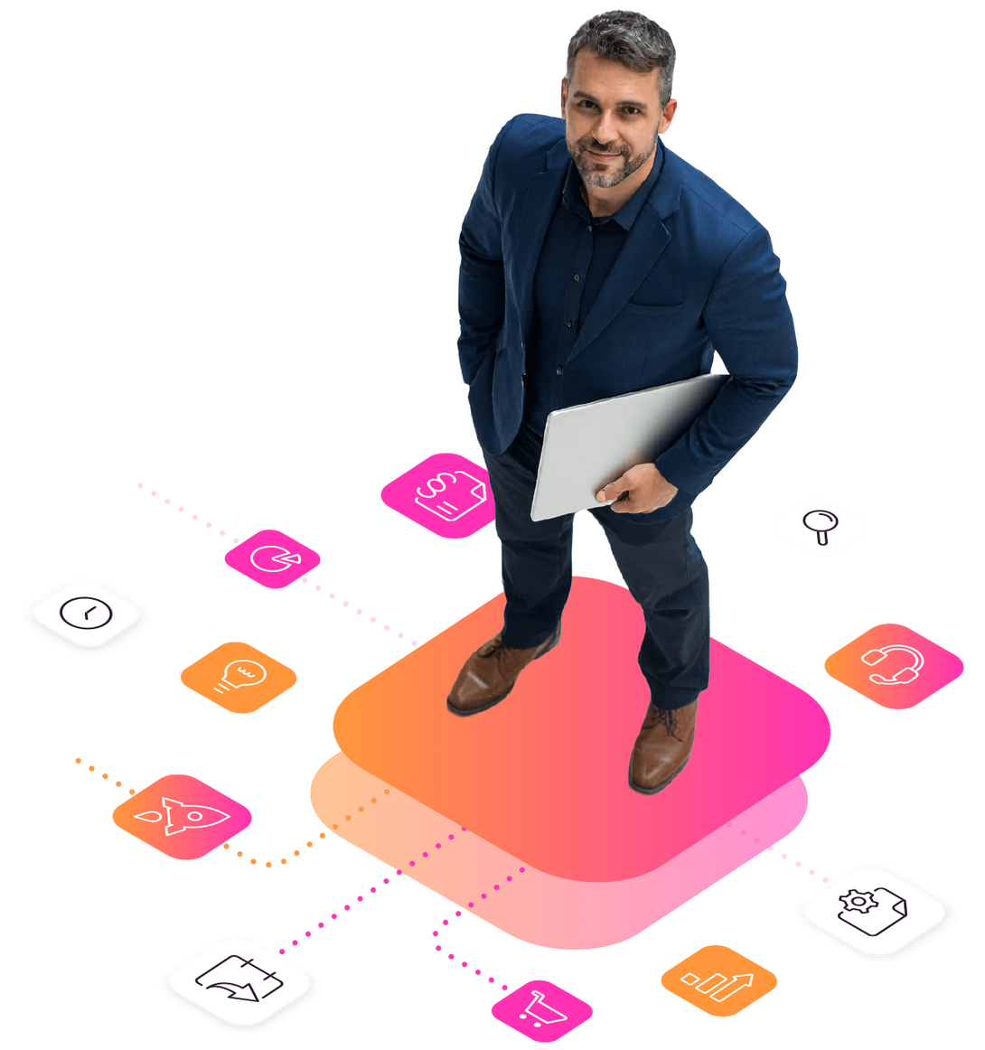 software digitalisierung Mann mit Laptop steht auf Boden aus Infografiken
