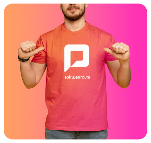 mann in orange pinkem T-shirt mit Markenlogo in der Mitte