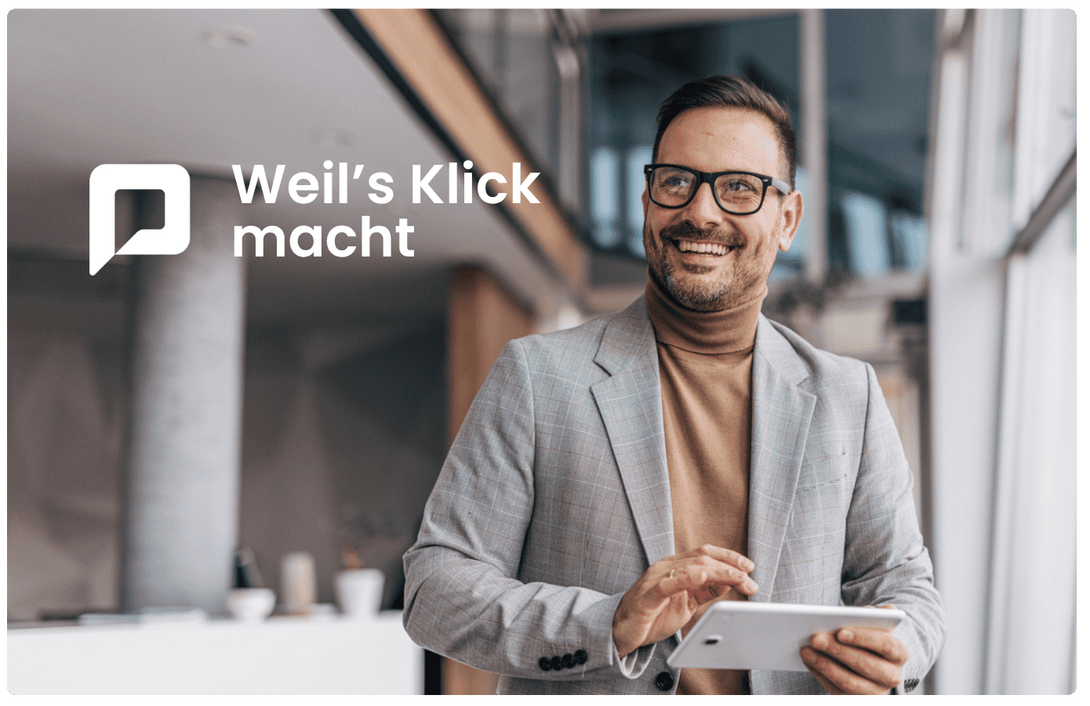 business mann mit Schriftzug weil es klick macht